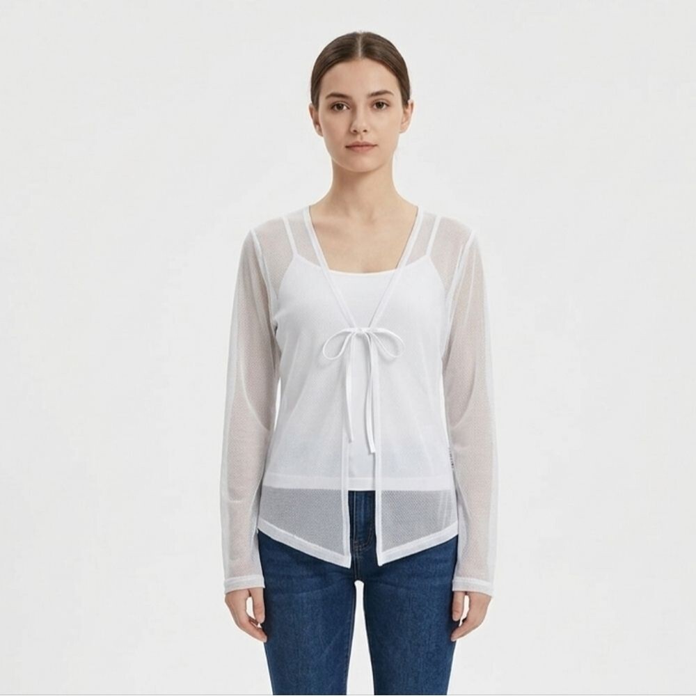 Shany Fashion White Sheer Mesh Tie Front Bolero Shrug Top L Balletcore Sheer
